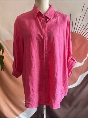 Chaps Classic Shirt Women’s Size XL Linen Long Sleeve Roll Tab Button Down